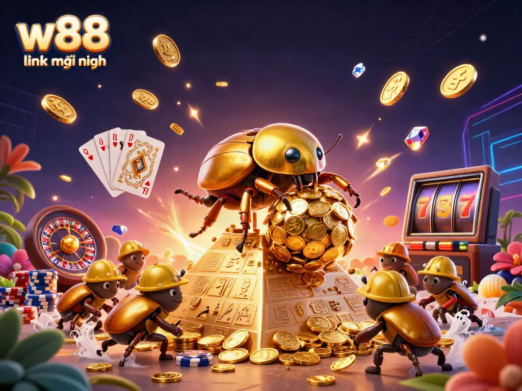 Experience the thrill of gaming with the w88 link mới nhất, featuring dynamic casino scenes and vibrant characters.