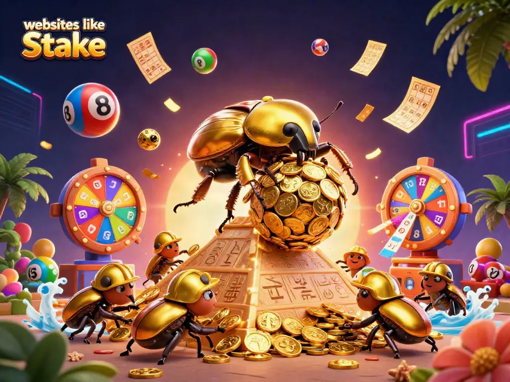Spin colorful lottery balls and gold coins in a vibrant casino scene showcasing websites like stake.