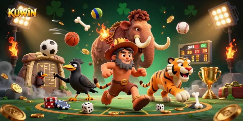 Kuwin engages players with an exciting prehistoric casino scene featuring animated characters, sports elements, and vibrant graphics.