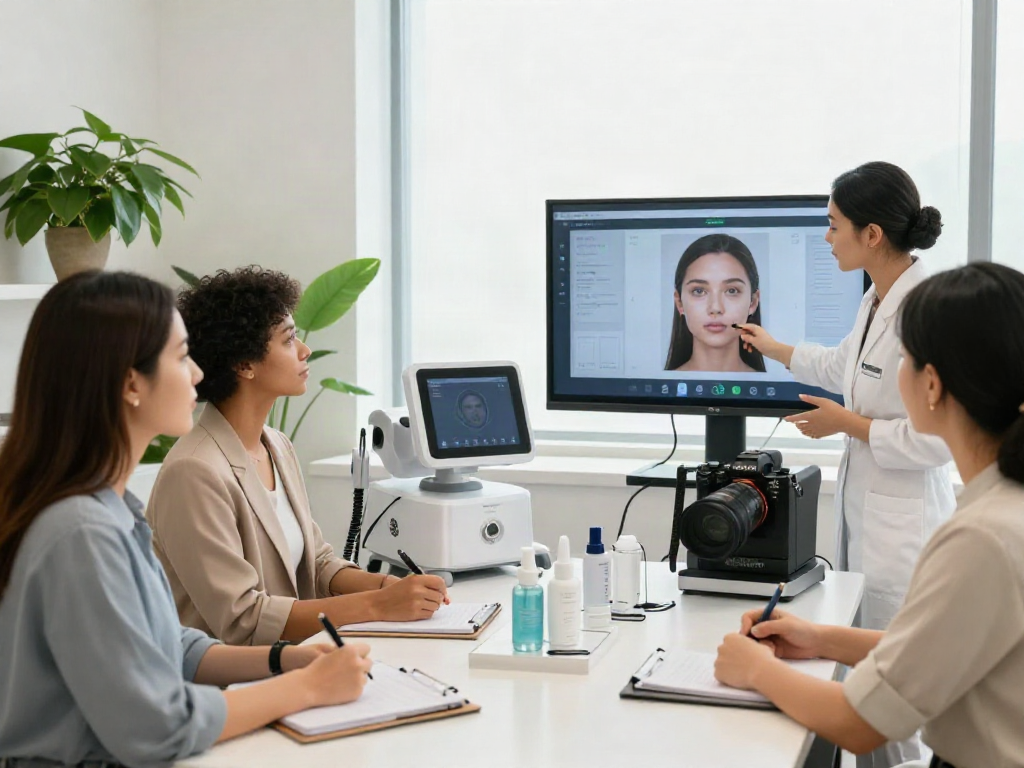 ClinicEvo better than QOVES illustrated through a modern facial analysis session with advanced technology and engaged clients.