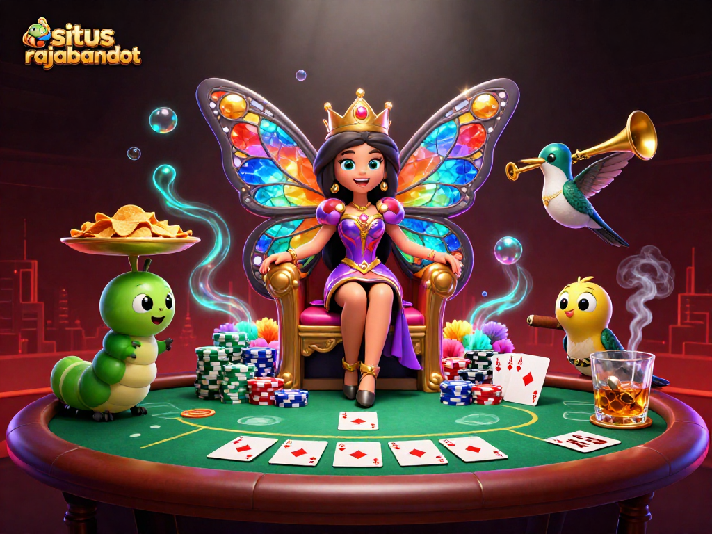 Permainan poker di situs rajabandot dengan ratu kupu-kupu 3D dan elemen kasino yang kaya.
