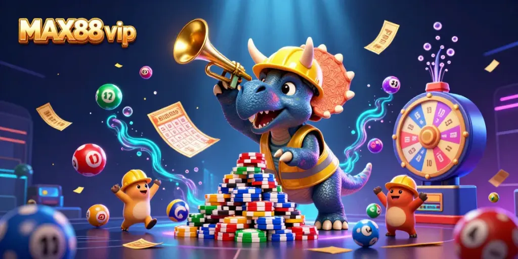 Experience thrilling gameplay at MAX88 vip, with vibrant casino elements and fun characters celebrating wins.