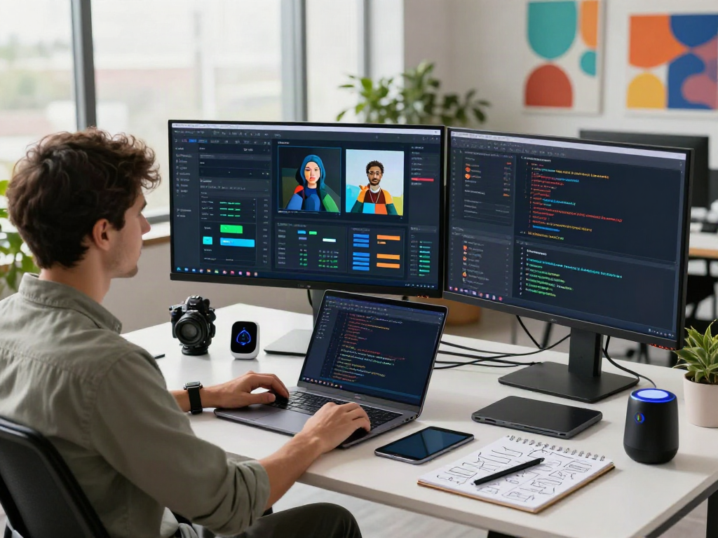 Workspace with AI Image Detector tool analyzing images on screens, showcasing innovative data analysis and technology.