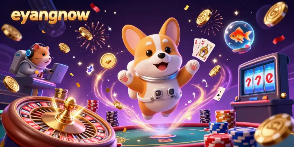 Win at eyangnow with a playful space-themed casino scene featuring a corgi, hamster, and goldfish!