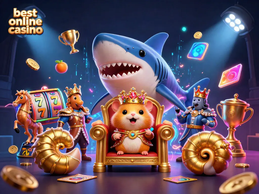 Experience the best online casino with a fierce hamster king on a megalodon throne among dynamic gaming elements.