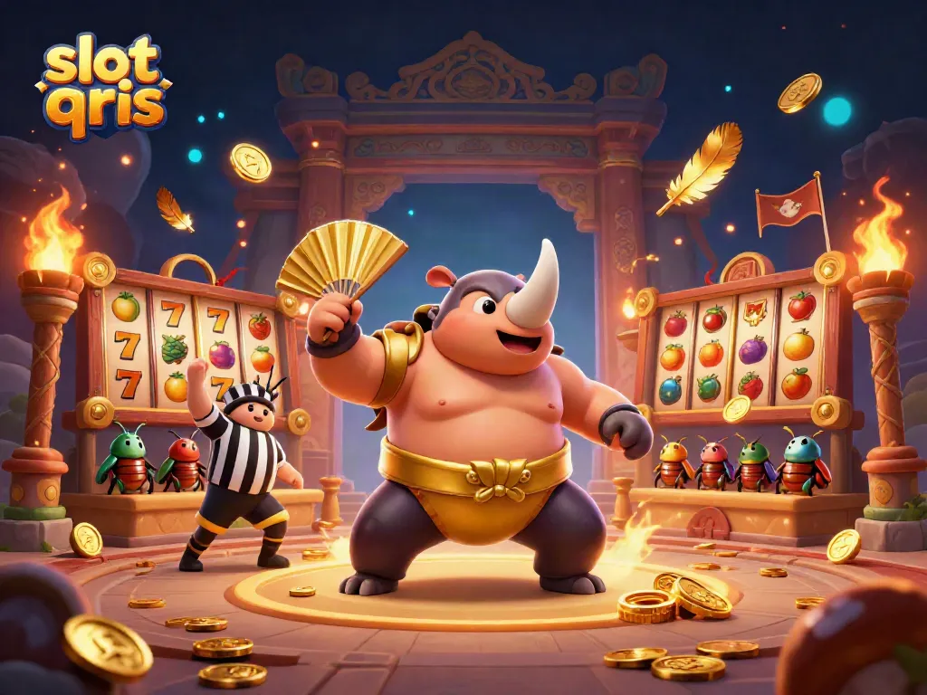 Experience excitement in slot qris with a rhinoceros beetle champion amidst flying coins and vibrant game elements.