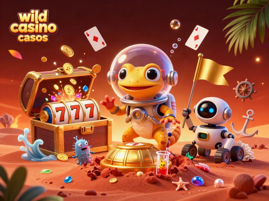Witness the Martian gecko exploring wild casino sister casinos amidst vibrant treasure and card-themed elements.
