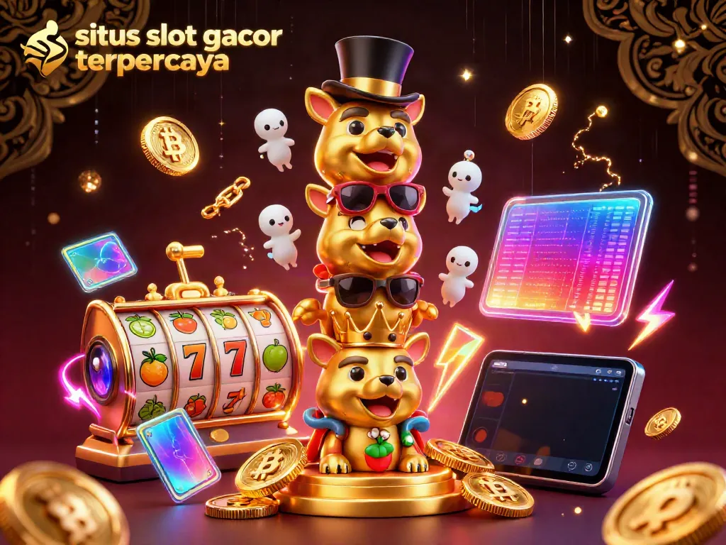 Experience the excitement of situs slot gacor terpercaya with a vibrant totem pole among dynamic slot elements and crypto coins.