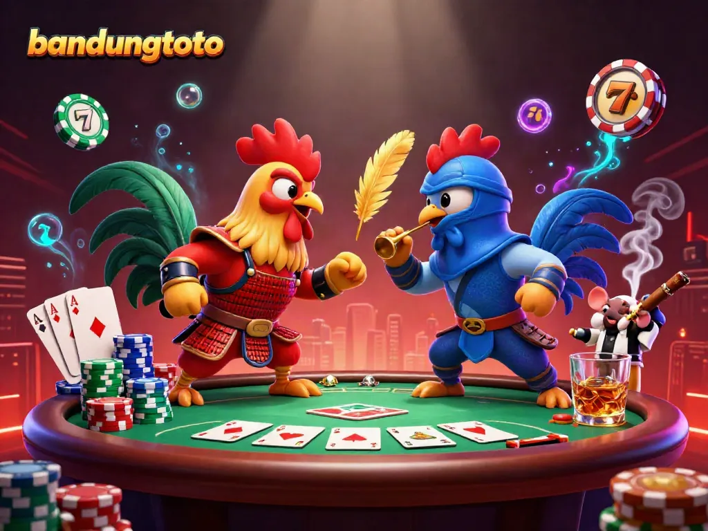 Engage with bandungtoto as twin cartoon roosters in standoff at a vibrant casino-themed scene.