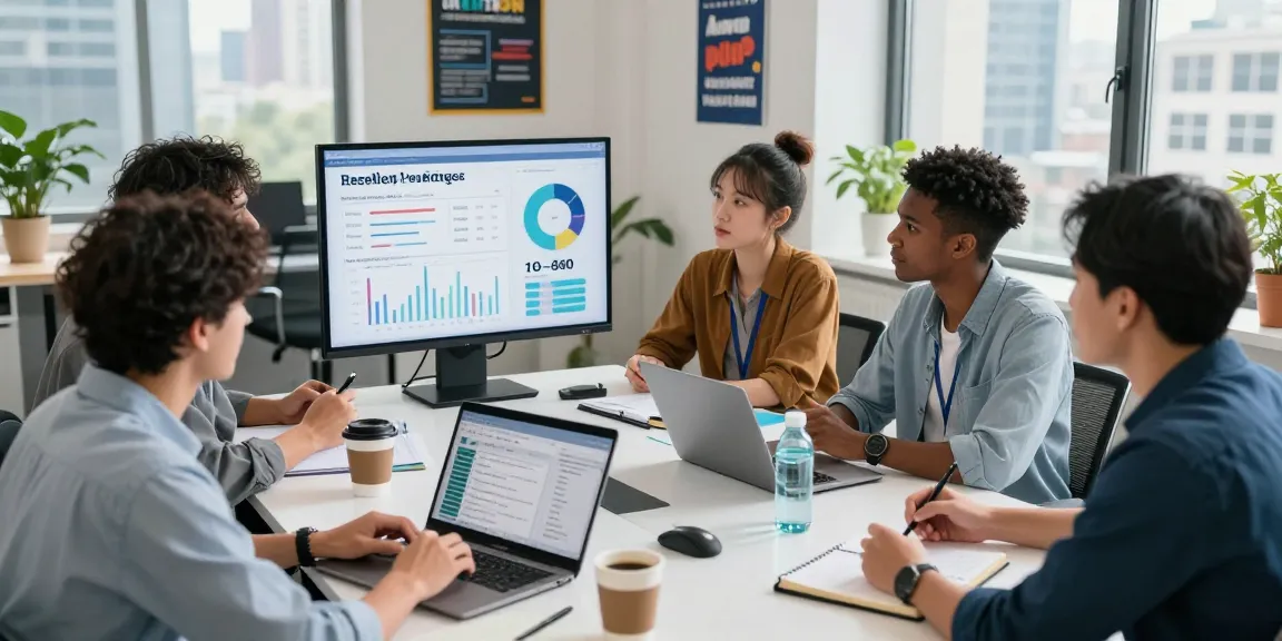 Professional team collaborating on reseller hosting analytics in a modern office setting, showcasing teamwork and innovative strategies.