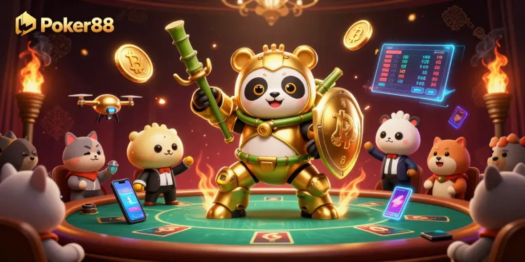 Engage with Poker88's thrilling online casino experience featuring vibrant 3D elements and characters.