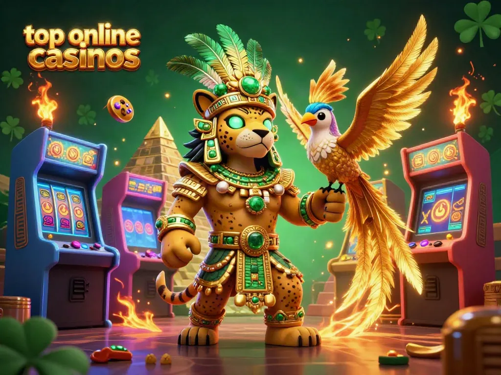 This vibrant scene showcases top online casinos with a Mayan jaguar priest and gaming elements.