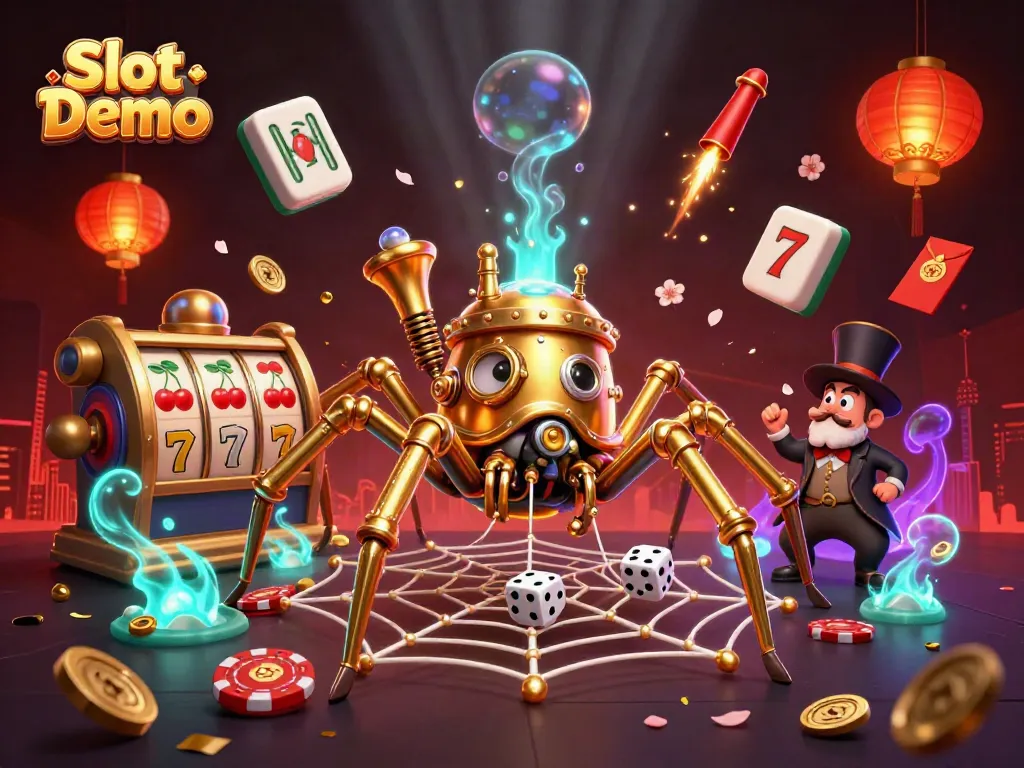 Spin the Slot Demo with a steampunk spider weaving fortune through vibrant slot reels and golden symbols.