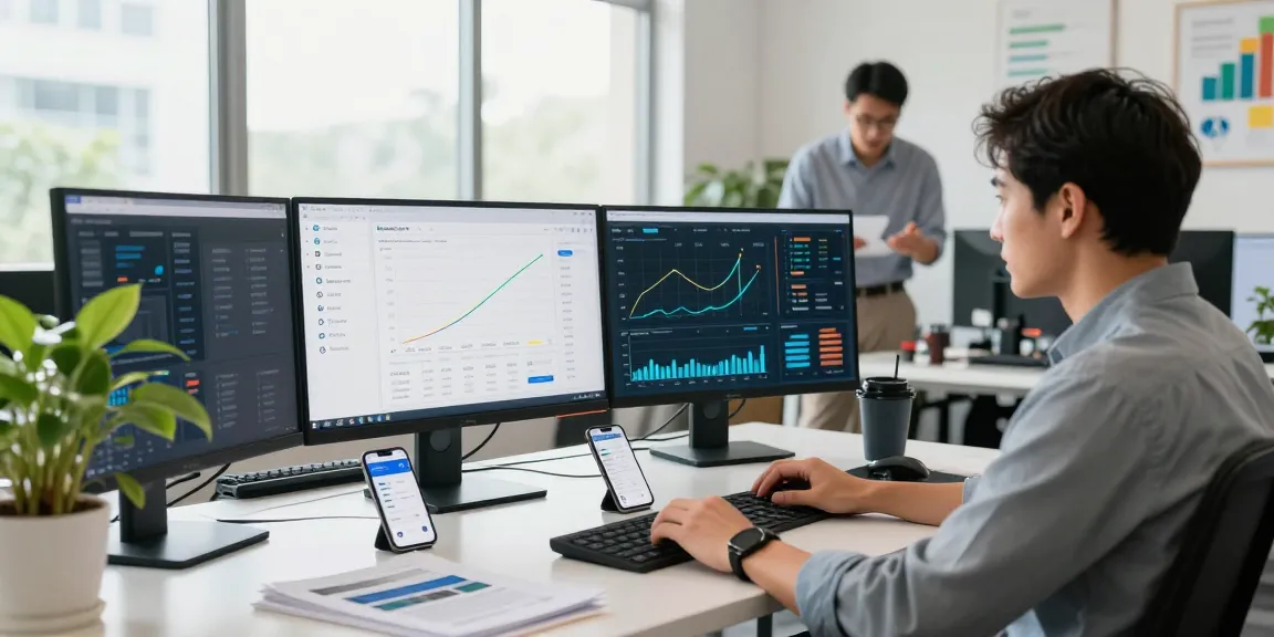Buying app installs analytics shown on multiple screens in a modern office.