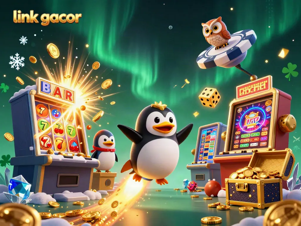 Experience high-stakes gaming with link gacor as a golden penguin and casino-themed elements collide in vibrant 3D.