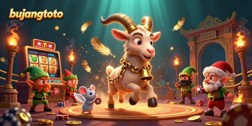 Bujangtoto Krampus goat and angel mouse in a vivid casino scene, showcasing slot themes.