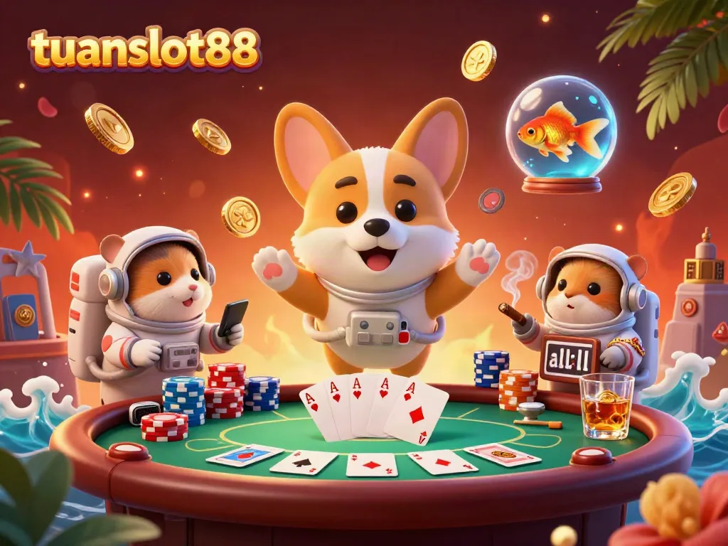 Menangkan banyak dengan tuanslot88 dalam ilustrasi kasino luar angkasa yang penuh dengan koin emas dan chip poker.