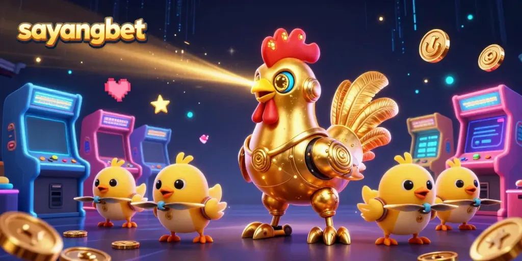 Engage with sayangbet in a vibrant 3D casino scene filled with action and winning arcade elements.