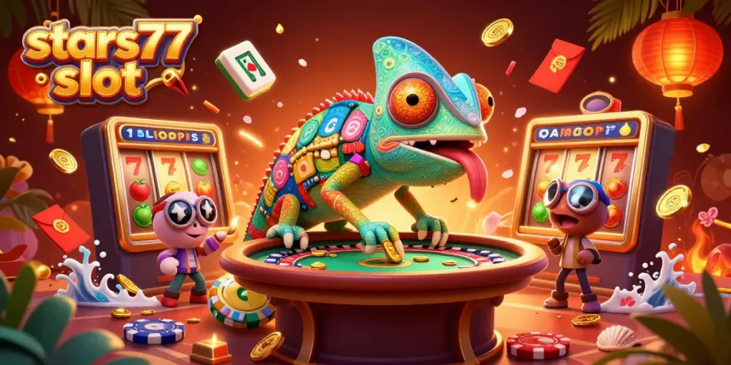 Permainan slot menarik di stars77 slot dengan chameleon bertema kasino mengumpulkan koin emas.