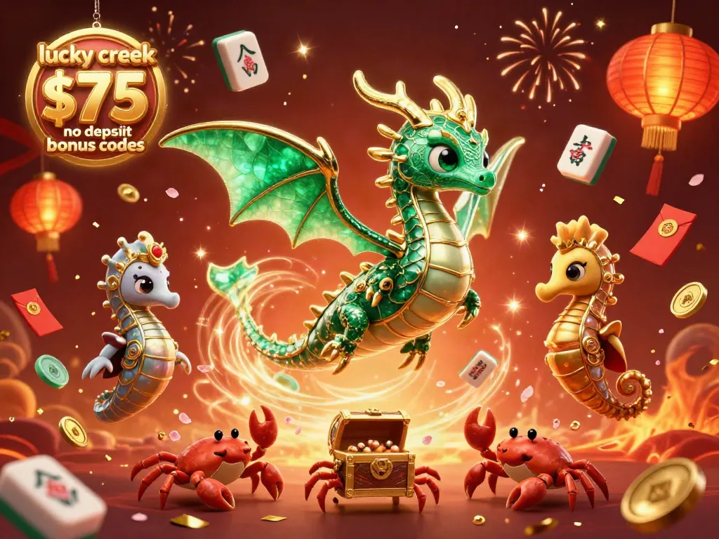 Claim lucky creek $75 no deposit bonus codes with a vibrant casino celebration scene featuring various elements.