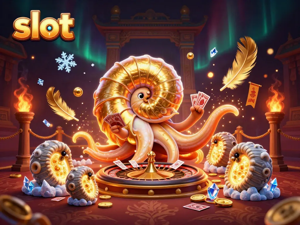 Slot yang mempesona dengan ikan nautilus raksasa di pusat yang berputar dan bersinar, dikelilingi harta karun dan efek sihir.