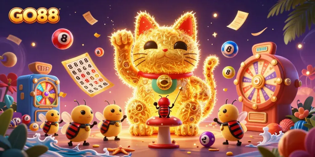 Experience GO88's vibrant online gaming atmosphere with dynamic casino elements and golden symbols.