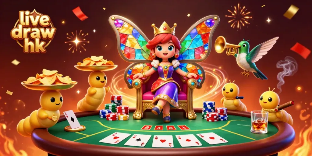 Engage with the live draw hk results as the butterfly queen presides over a vibrant poker scene filled with excitement.