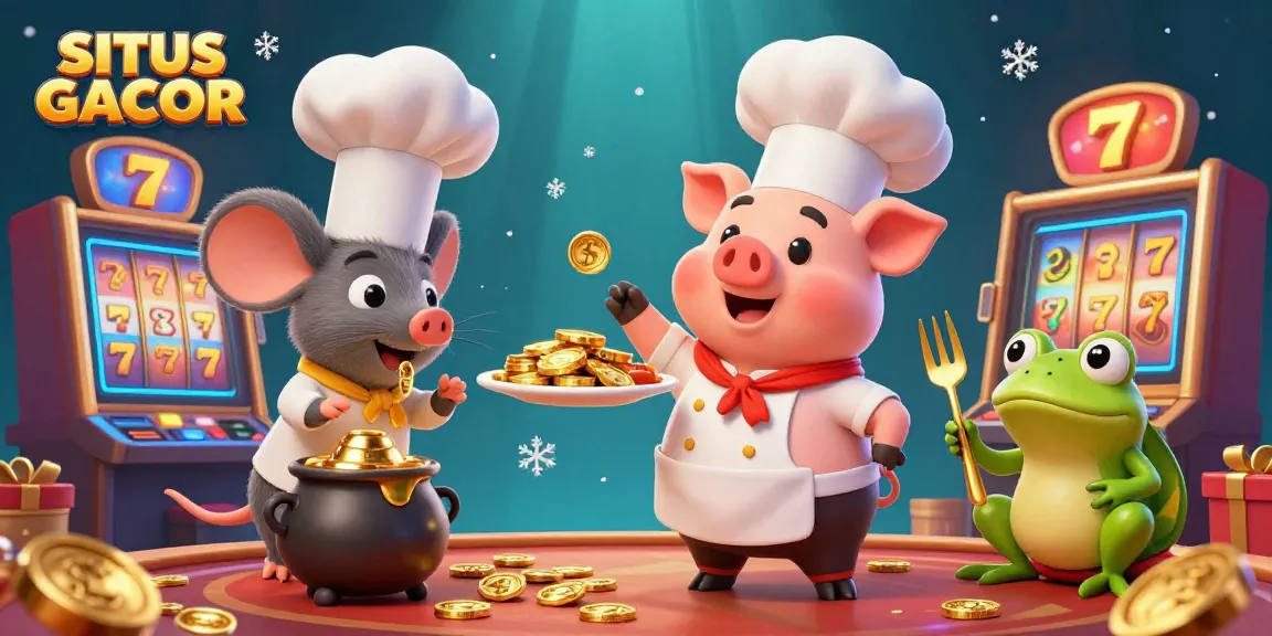 SITUS GACOR showcases a vibrant casino scene with a cartoon chef pig serving gold coins and a gaming ambiance.