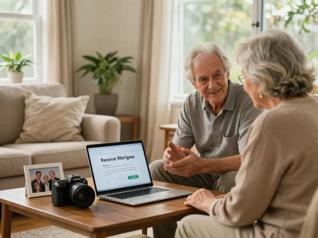 A cozy living room scene where an elderly couple explores which banks offer reverse mortgages in Australia using a laptop.