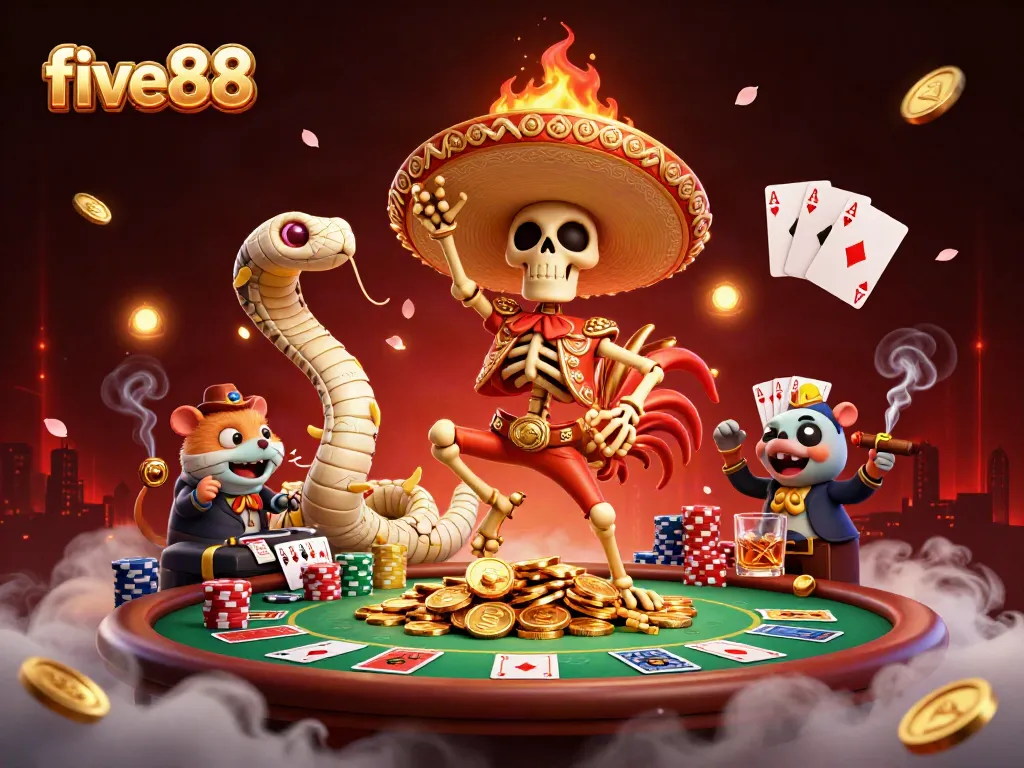 Experience the excitement of five88 with a vibrant 3D casino scene featuring dynamic characters and poker elements.