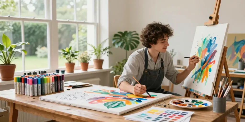 Vibrant markers wholesale displayed in a creative art studio with an artist painting.