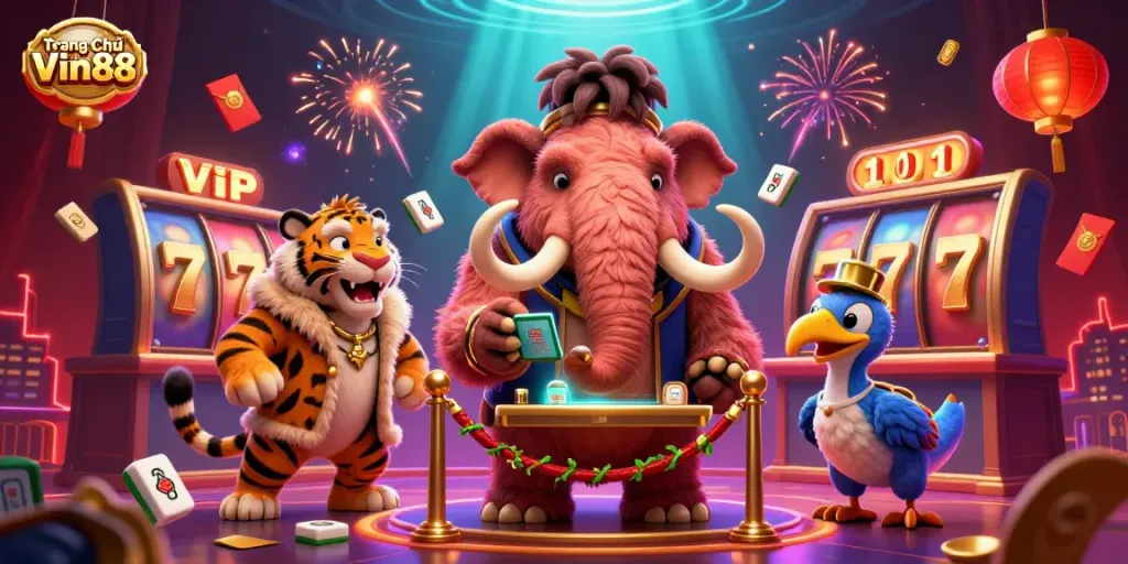 Experience exciting gaming action at Trang Chủ Vin88 with vibrant 3D characters and dynamic casino elements.