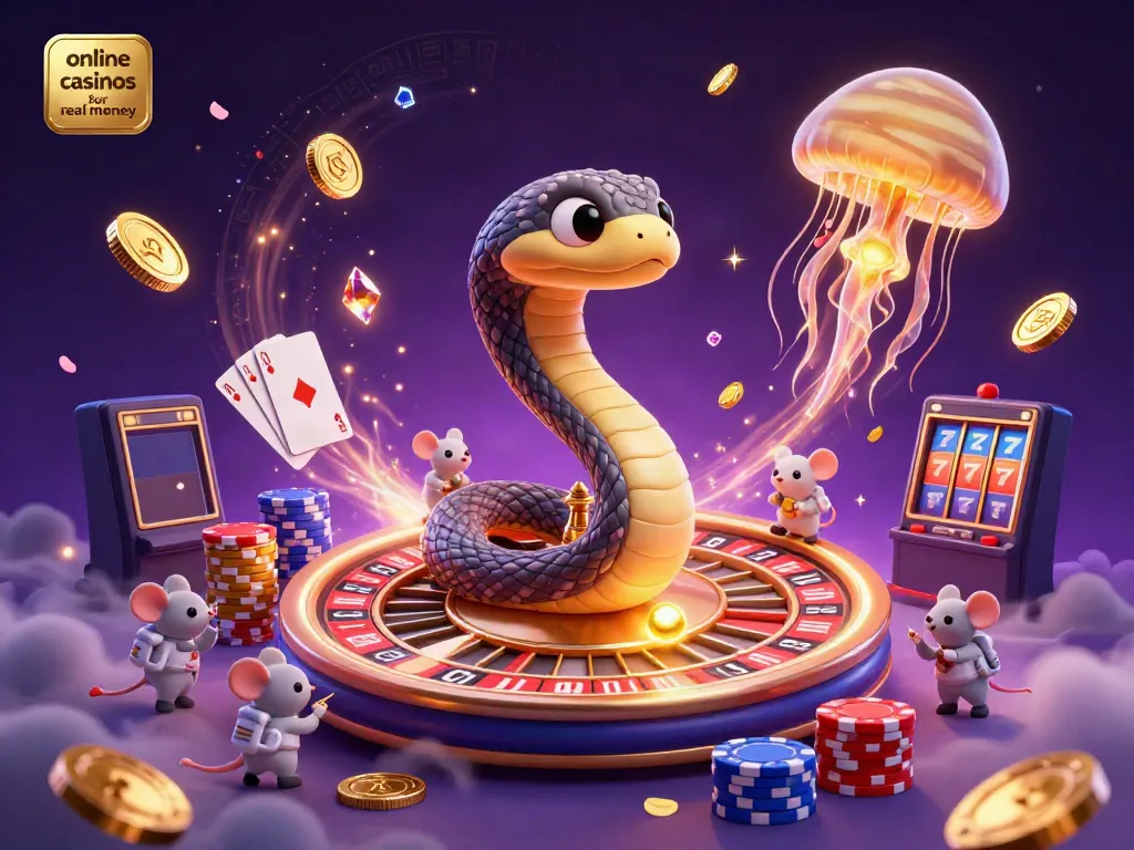An energetic scene showcasing online casinos for real money, featuring a coiled Saturn ring snake roulette game with astronaut mice placing bets.