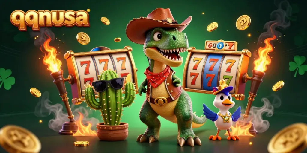 Engage with the thrilling features of qqnusa, showcasing a colorful T-Rex cowboy and casino slots.