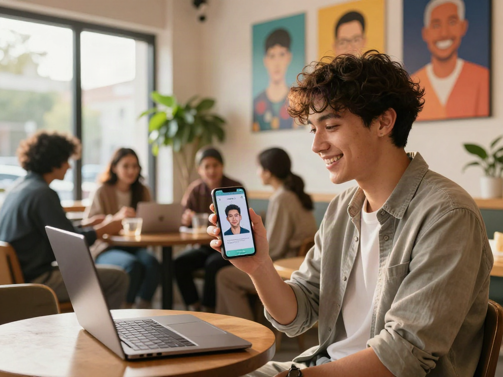 How old do I look? Young adult smiling holding smartphone in coffee shop.
