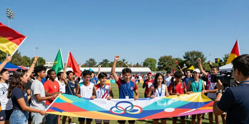 Dynamic banner raising ceremony celebrating community sports achievements