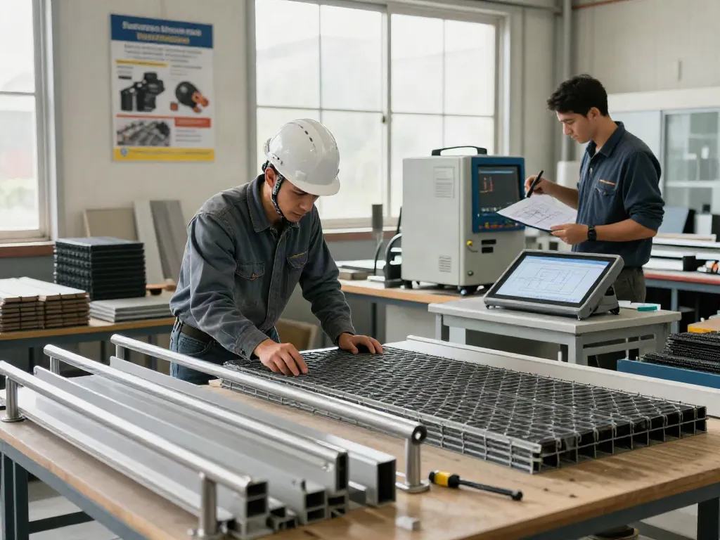 Engineered Composites engineer reviewing GRP products in a bright manufacturing workshop