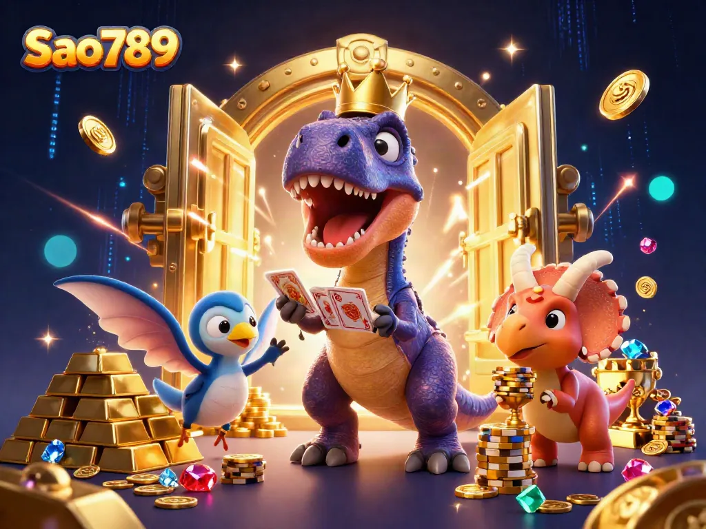 Sao789 showcases a T-Rex shuffling cards, supported by a pterodactyl, in a vibrant gaming scene.