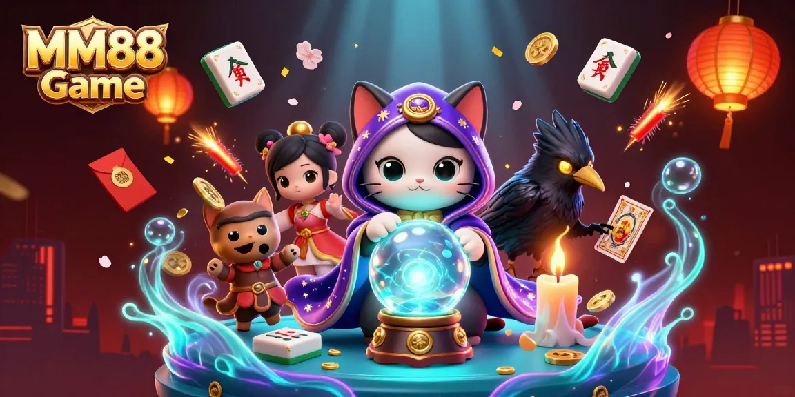 Engage with the enchanting MM88 Game world featuring a mystical cat and tarot raven.