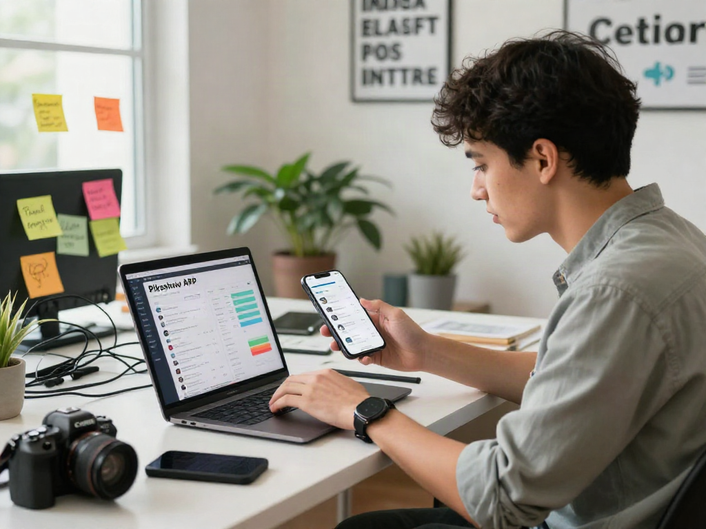 Pikashow APK download interface design review in a modern workspace
