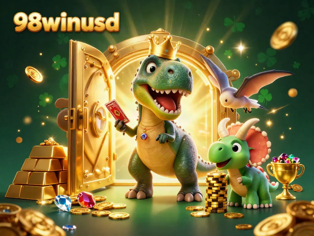 Experience fun gaming with 98winusd as a T-Rex plays cards alongside dazzling treasures.