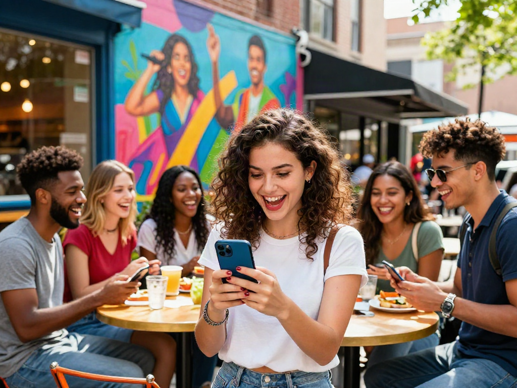 Youthful group exploring celebrity look alike app in vibrant urban setting