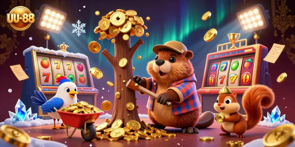Play and win with fun characters at uu-88, featuring a beaver, bird, and squirrel in a vibrant casino scene.