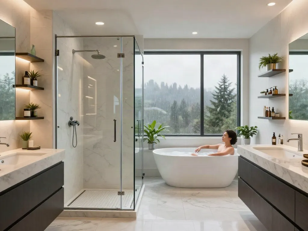 Beautiful bathroom remodeling Seattle with walk-in shower and soaking tub.