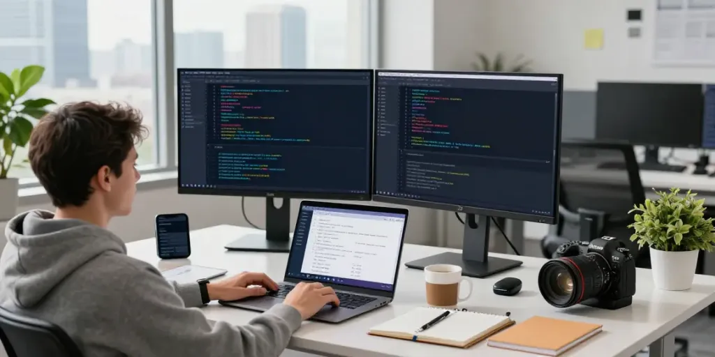 Developer using OpenAI-compatible API in a modern office workspace.