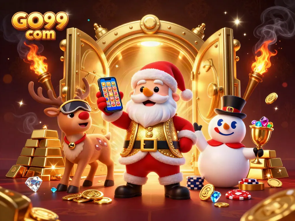 Experience exciting wins at GO99 com with a festive scene of Santa winning jackpots!