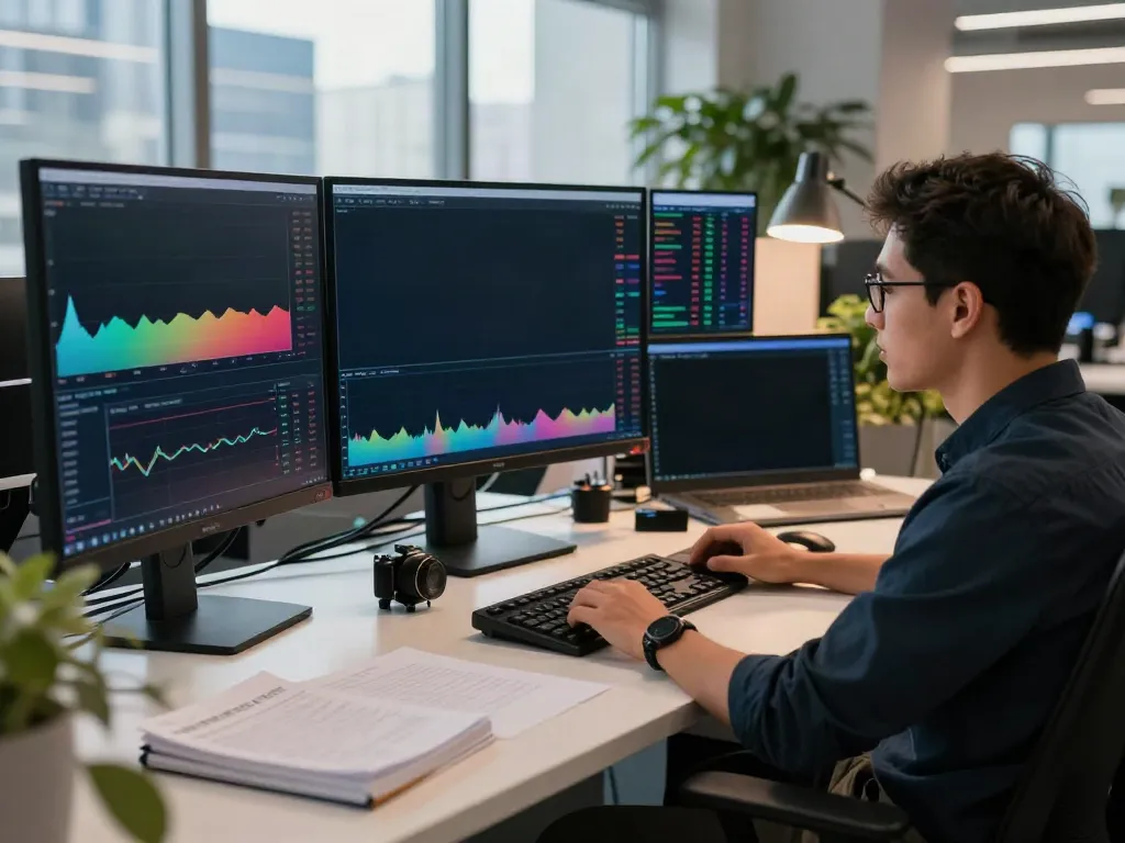 Trader analyzing data on TradingView charts in a modern workspace