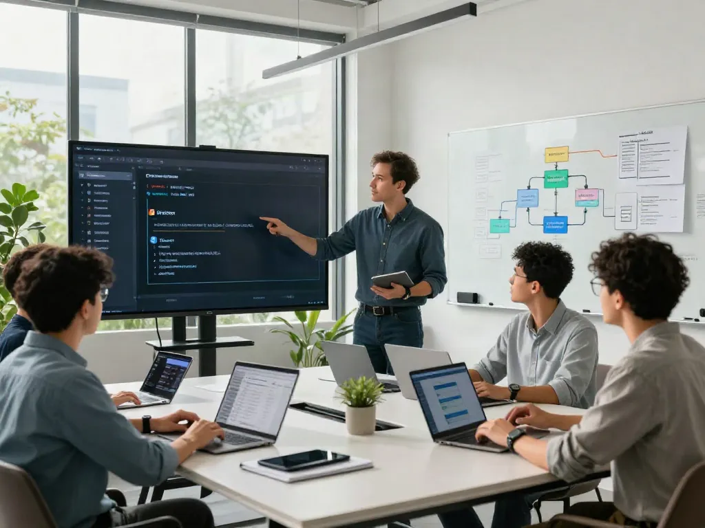 Collaboration in a modern office focused on directory software development.