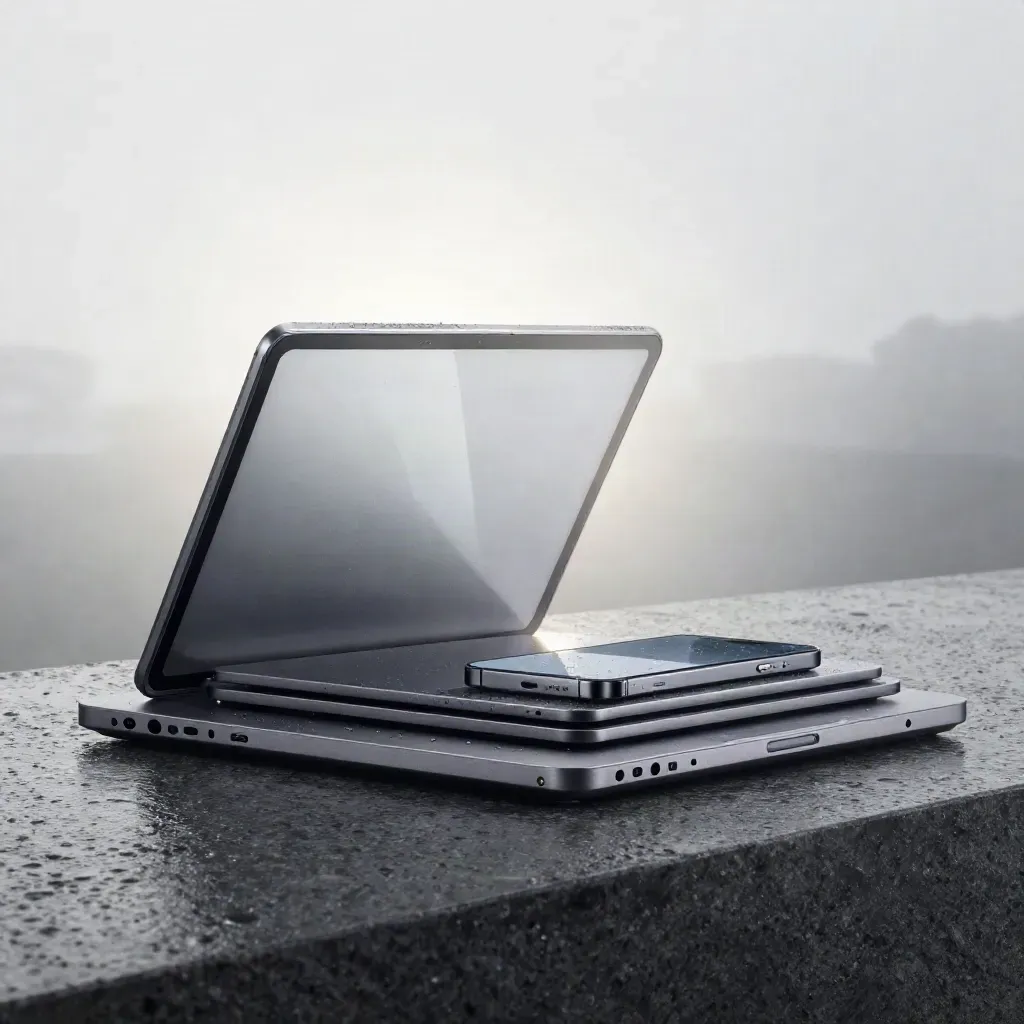 Graphite software stack with tablet, phone and laptop in soft rainy studio light