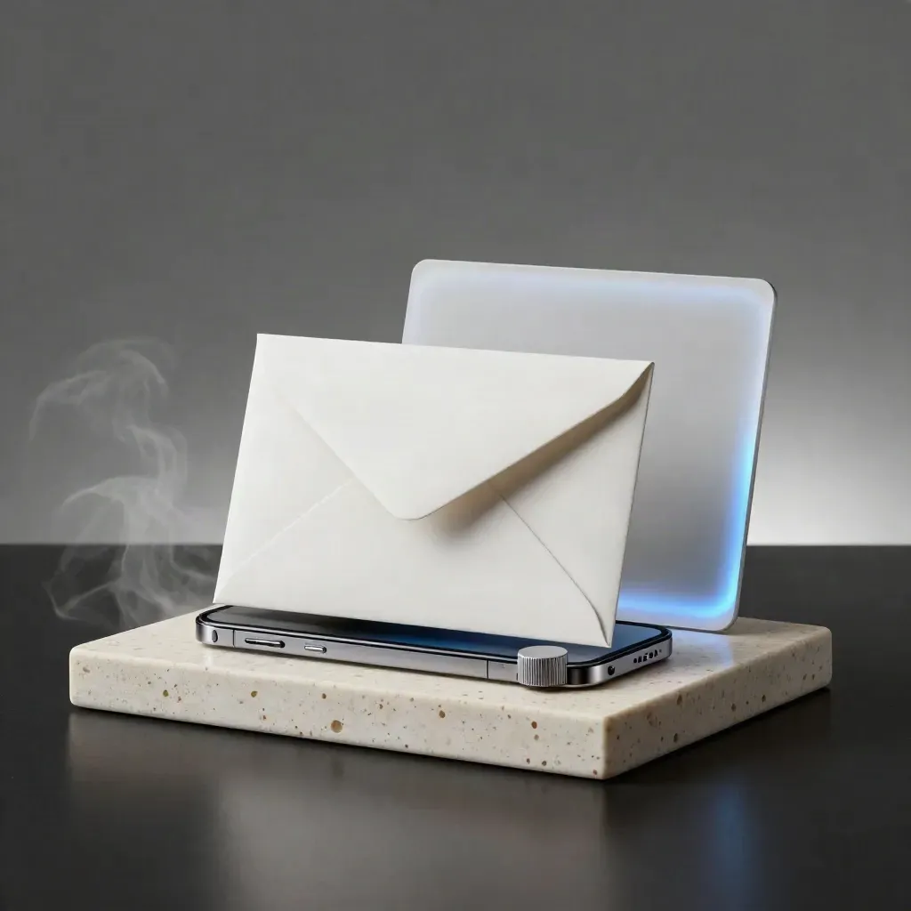 Checkout module with email cards, phone and retry dial on travertine, lit by a blue recovery pulse.